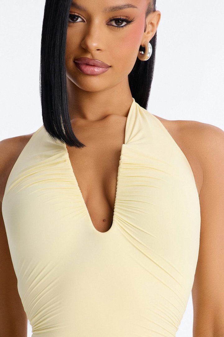 Second Skin Double Lined Ruched V Wire Halter Top - Butter Yellow