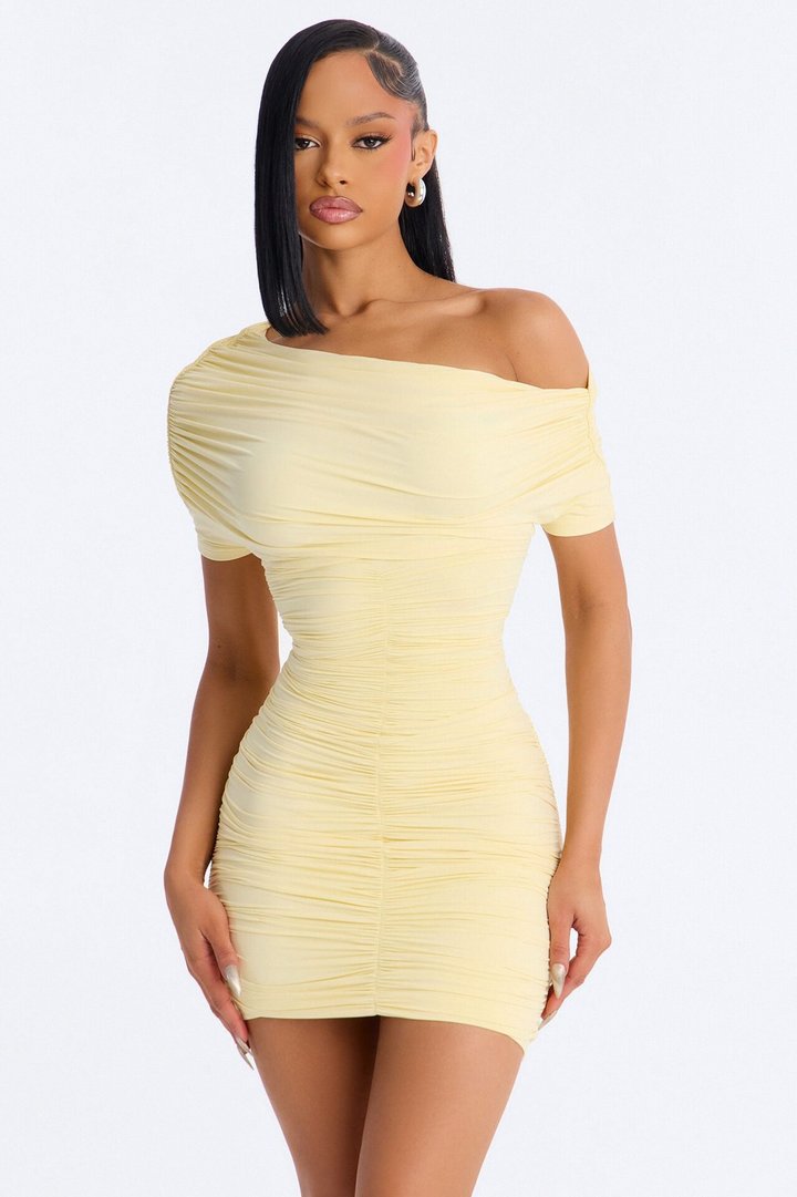 Second Skin Double Lined Off Shoulder Ruched Mini Dress - Butter Yellow