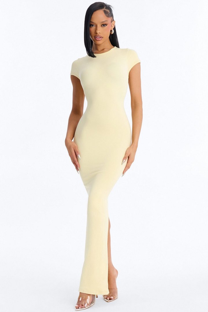 Seamless Smooth Double Lined Cap Sleeve Maxi Dress - Butter Yellow
