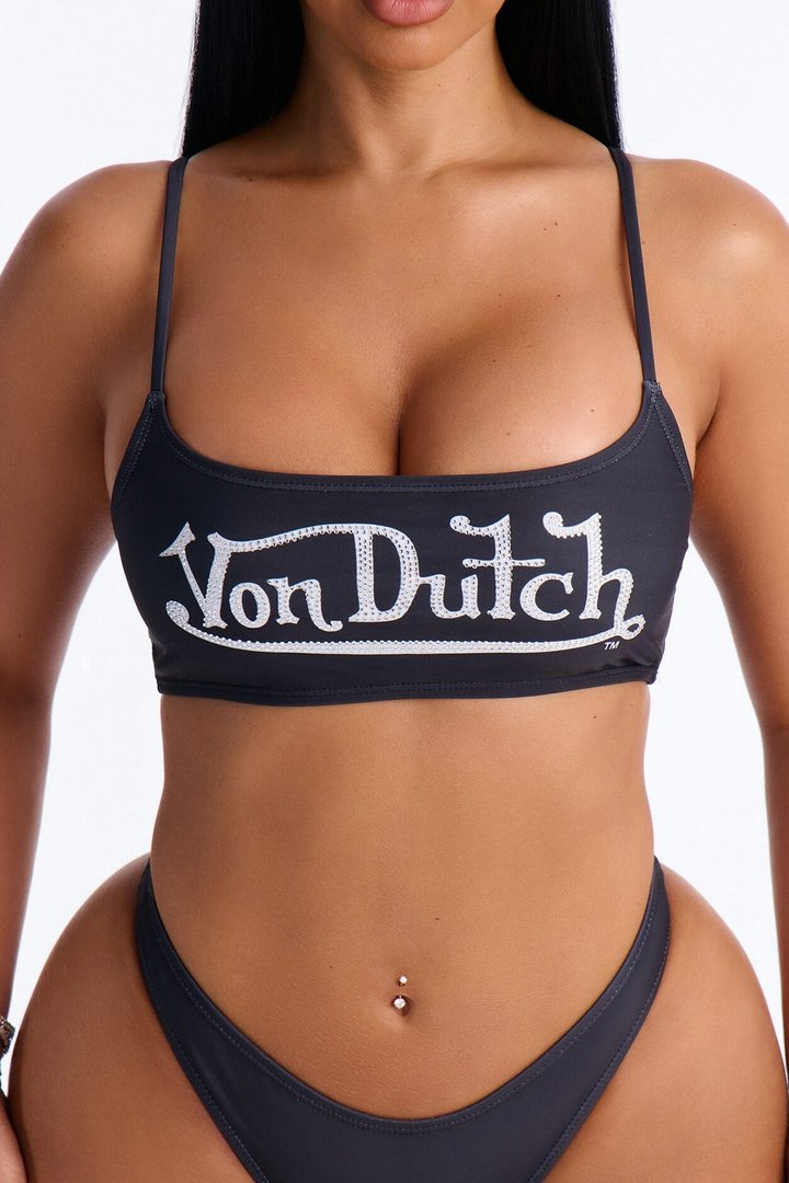 Von Dutch Rhinestone Logo 2 Piece Bikini Set - Black/combo