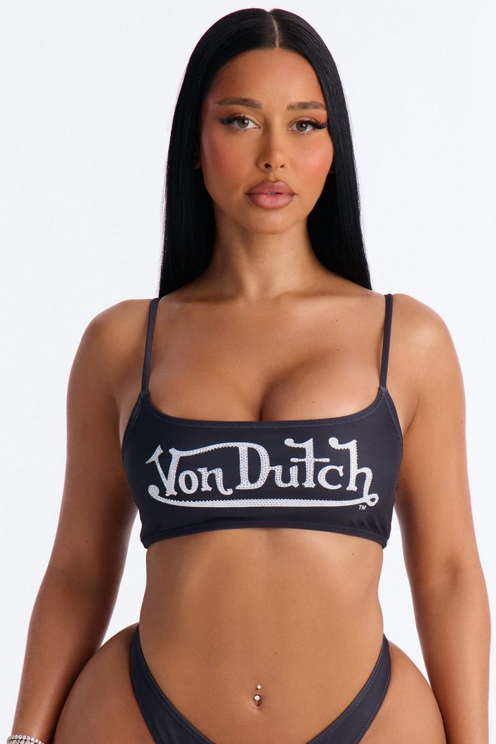 Von Dutch Rhinestone Logo 2 Piece Bikini Set - Black/combo