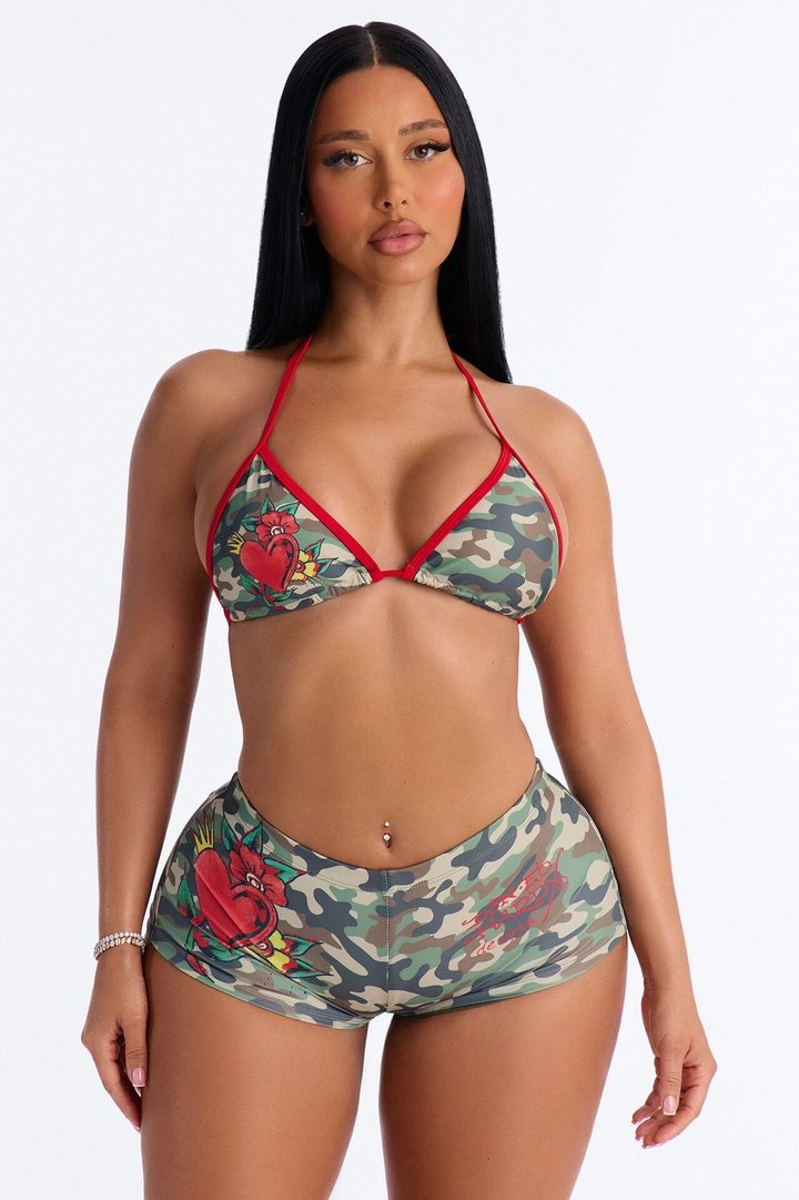 Ed Hardy Camo Hearts Boyshort 2 Piece Bikini - Olive/combo