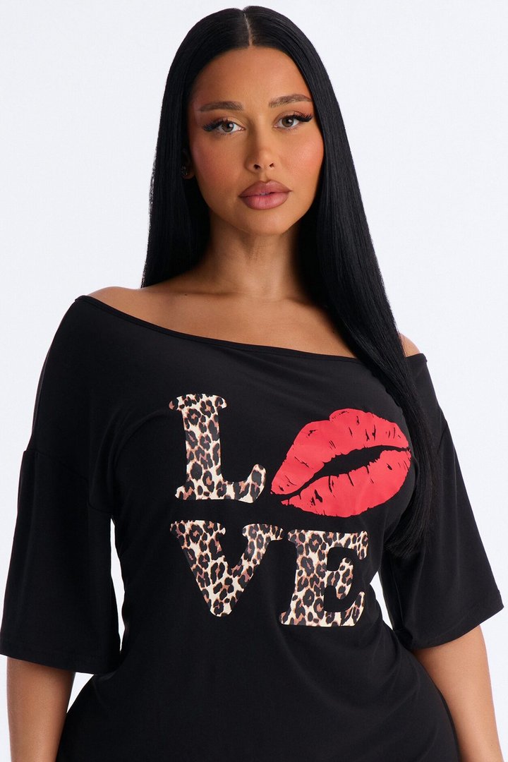 Love My Sleep Off Shoulder Sleep Shirt - Black