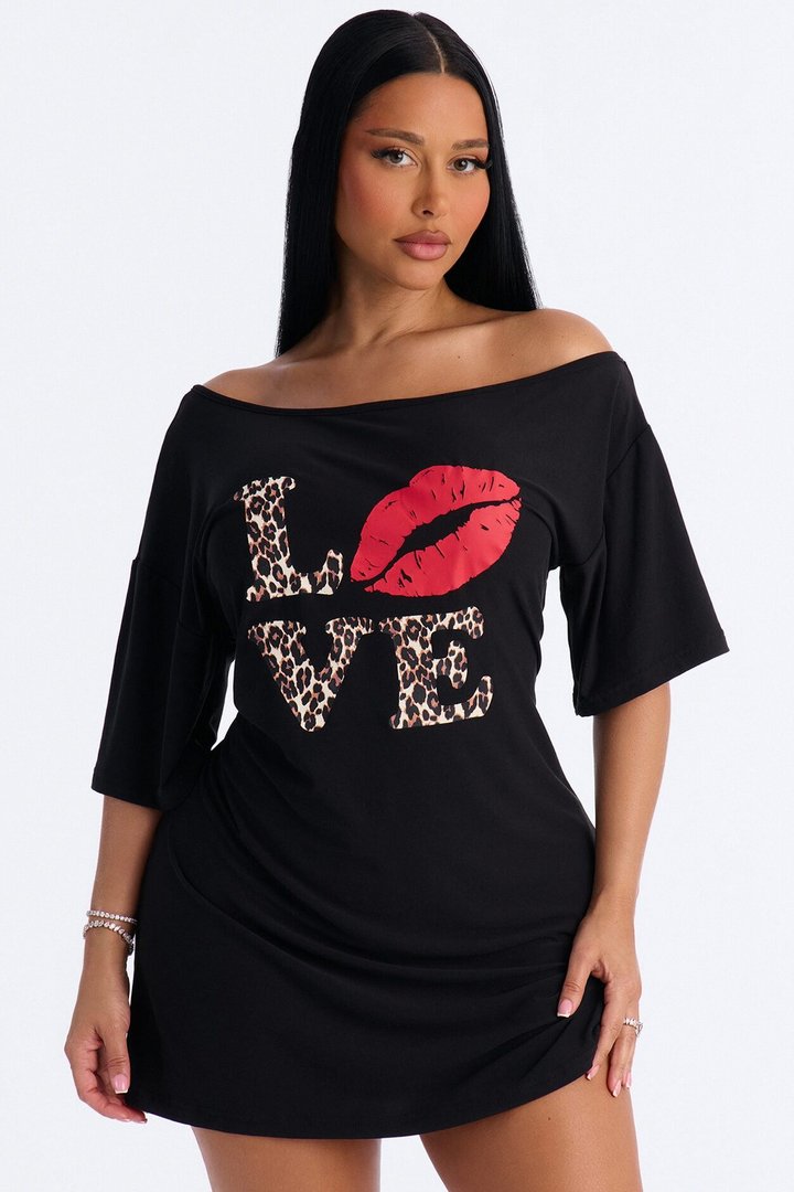 Love My Sleep Off Shoulder Sleep Shirt - Black