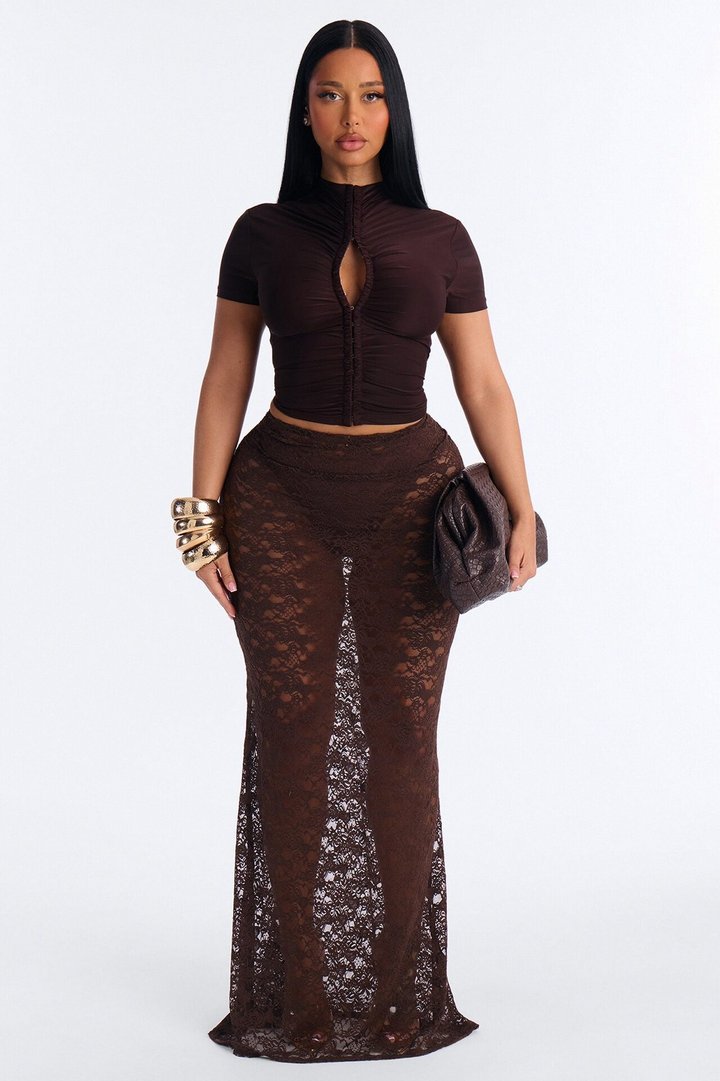 Love For You Ruched Lace Maxi Skirt - Chocolate