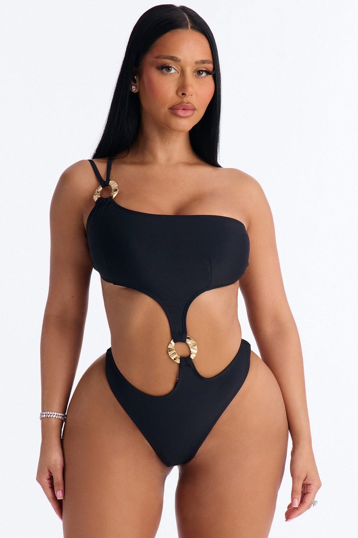 Verina One Shoulder 1 Piece Swimsuit & Sarong Set - Black