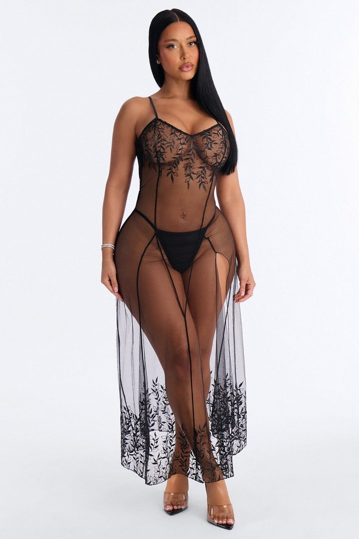 Chic And All Mesh Embroidered Gown - Black