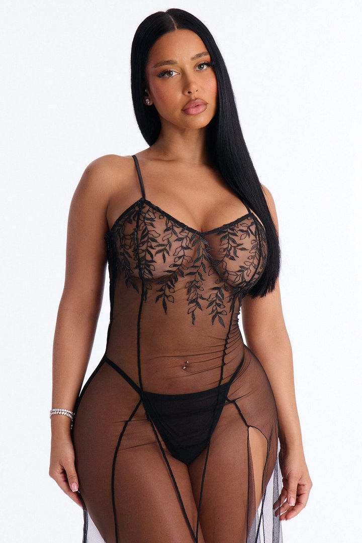 Chic And All Mesh Embroidered Gown - Black