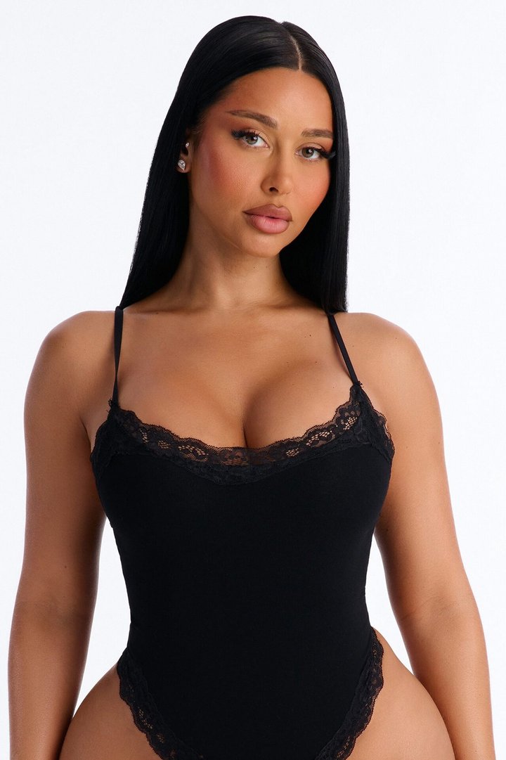 Kirstie Super Soft Lace Trim Thong Bodysuit - Black
