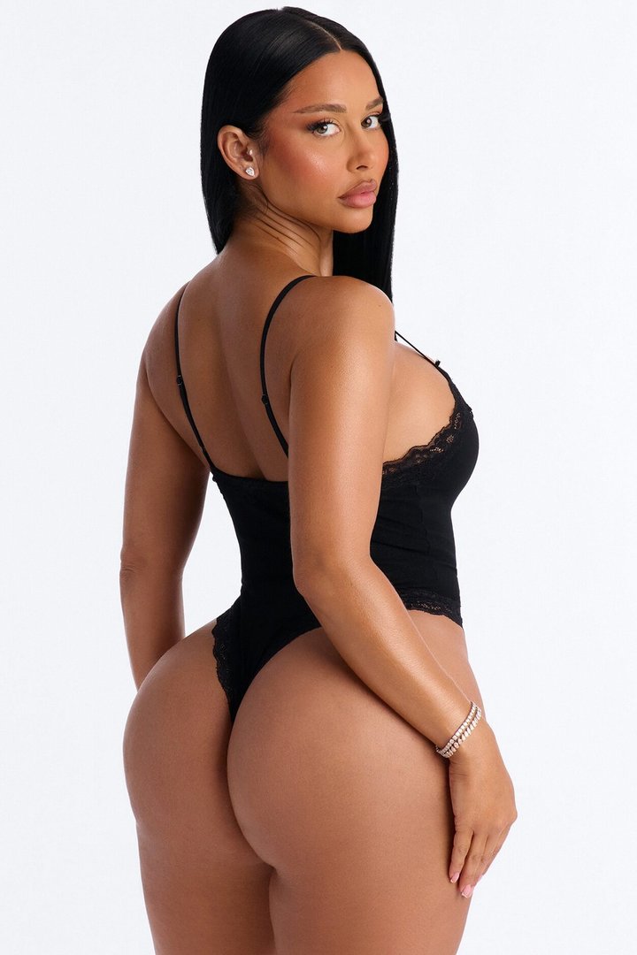 Kirstie Super Soft Lace Trim Thong Bodysuit - Black