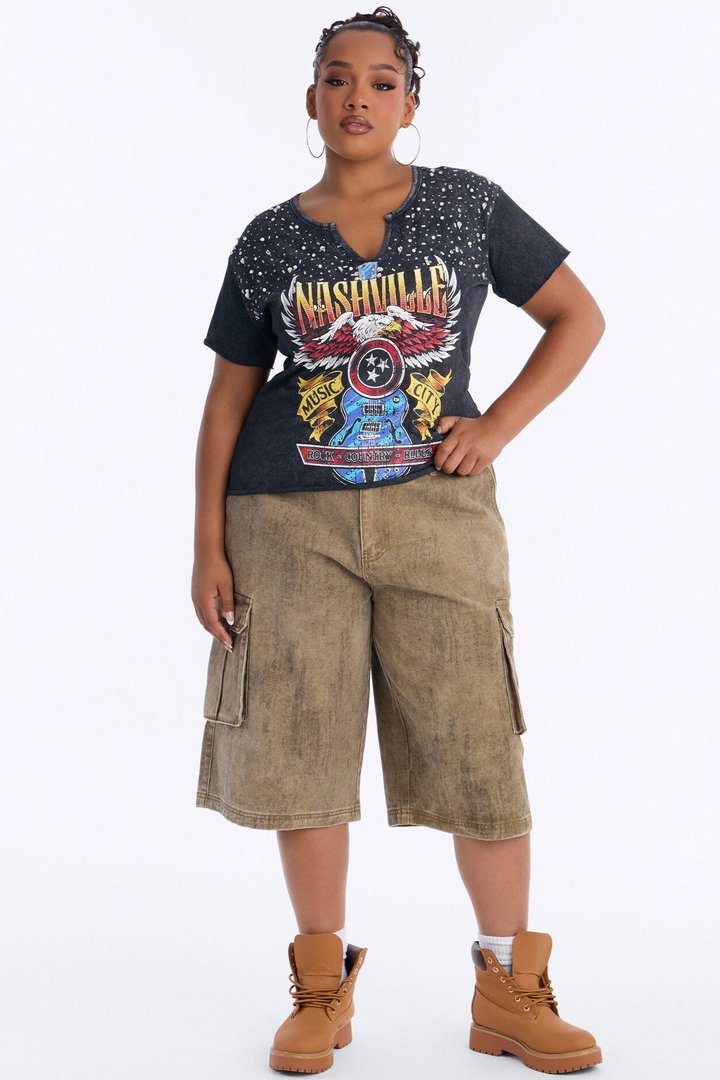 Nashville Rhinestone Music City Washed Top - Black Wash
