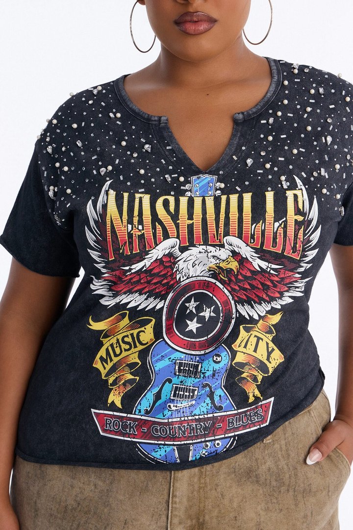 Nashville Rhinestone Music City Washed Top - Black Wash