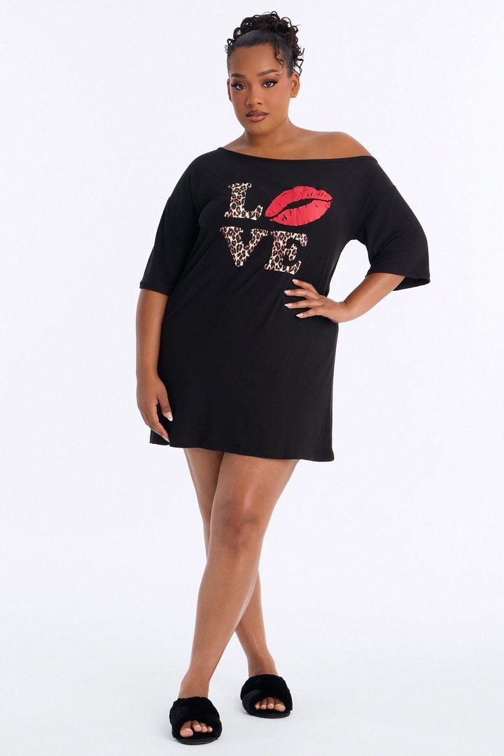 Love My Sleep Off Shoulder Sleep Shirt - Black