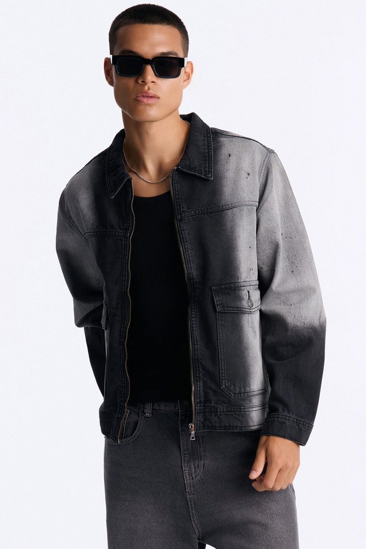 Spot Stained Cropped Denim Work Jacket - Black Wash