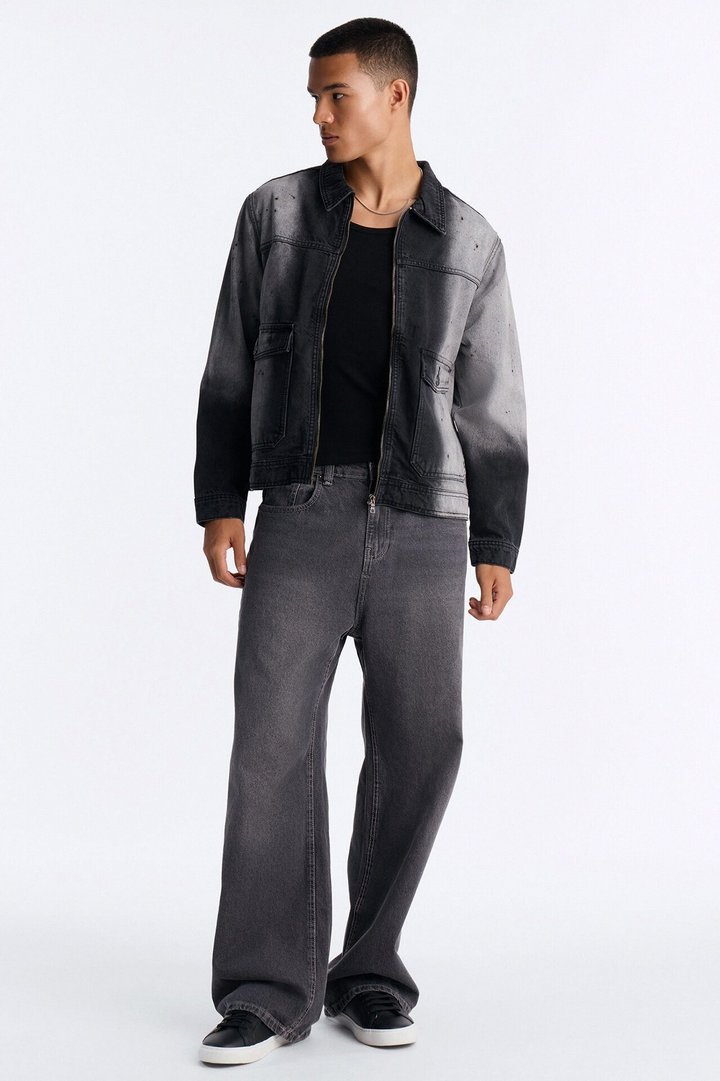 Spot Stained Cropped Denim Work Jacket - Black Wash