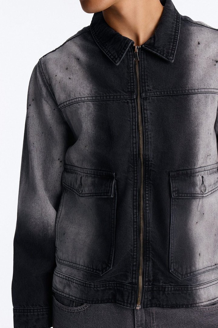 Spot Stained Cropped Denim Work Jacket - Black Wash