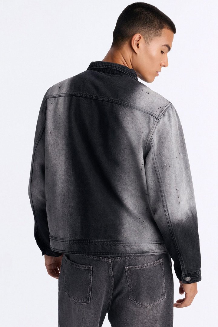 Spot Stained Cropped Denim Work Jacket - Black Wash
