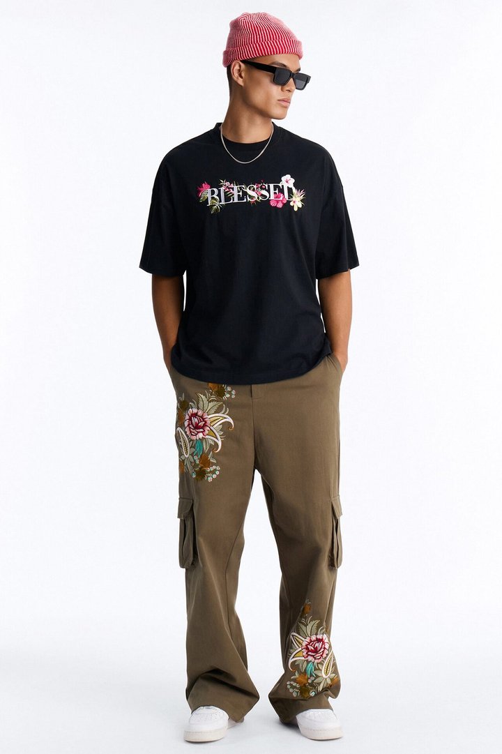 Blessed Floral Oversized Embroidered Short Sleeve Tee - Black
