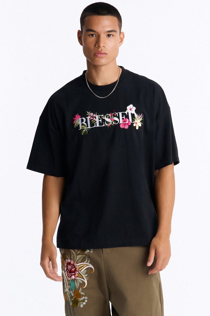 Blessed Floral Oversized Embroidered Short Sleeve Tee - Black