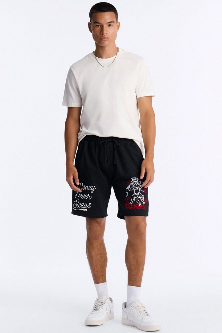 Paper Chaser Chain Stitch Embroidery Fleece Short - Black