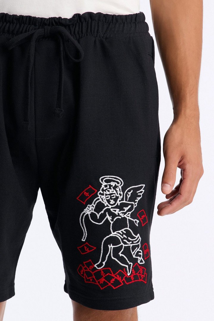 Paper Chaser Chain Stitch Embroidery Fleece Short - Black