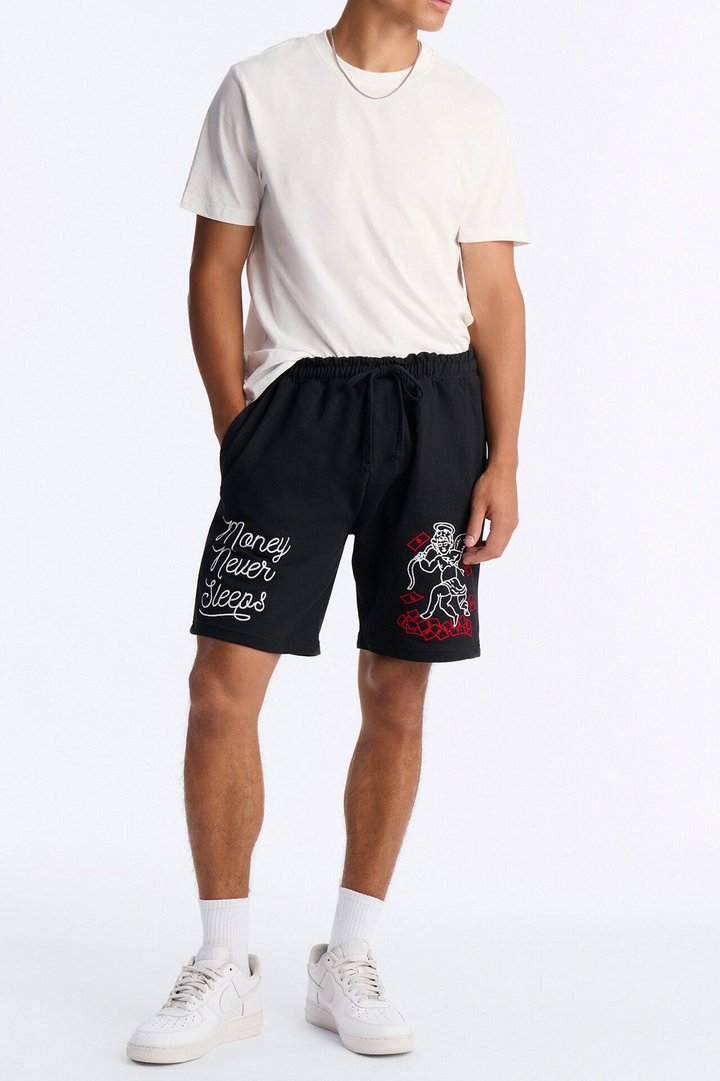 Paper Chaser Chain Stitch Embroidery Fleece Short - Black