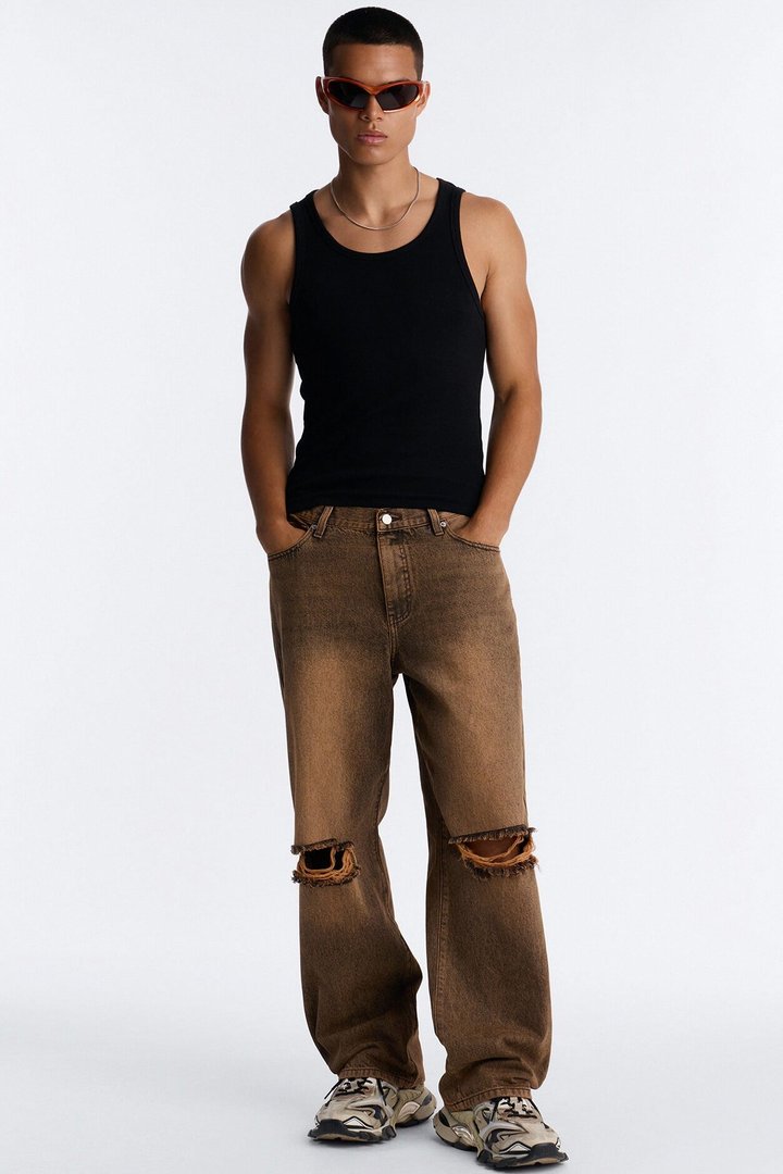 Baggy Classic Knee Slit Jean - Brown