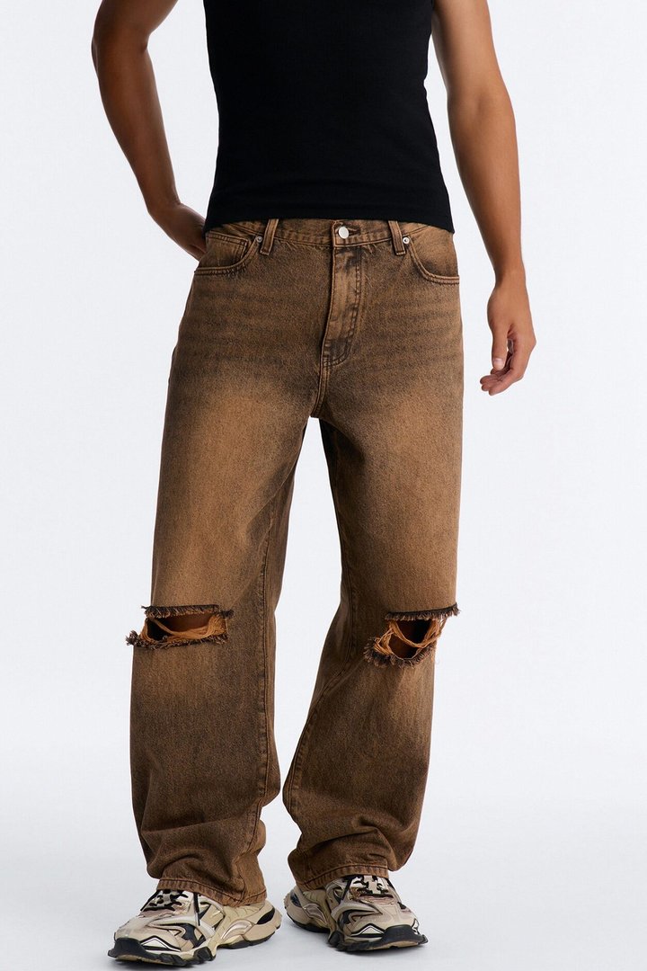 Baggy Classic Knee Slit Jean - Brown