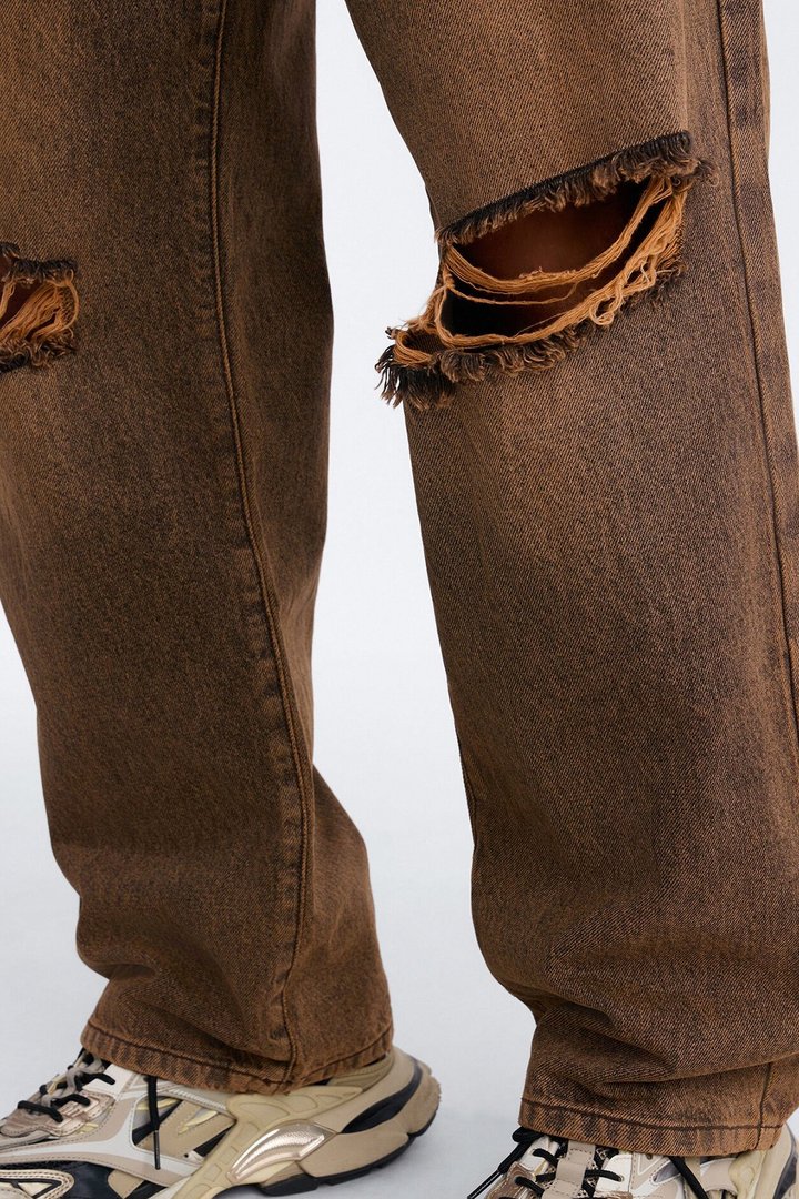Baggy Classic Knee Slit Jean - Brown