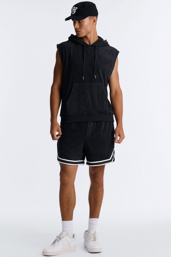 Classic Terry Cloth Sleeveless Hoodie - Black