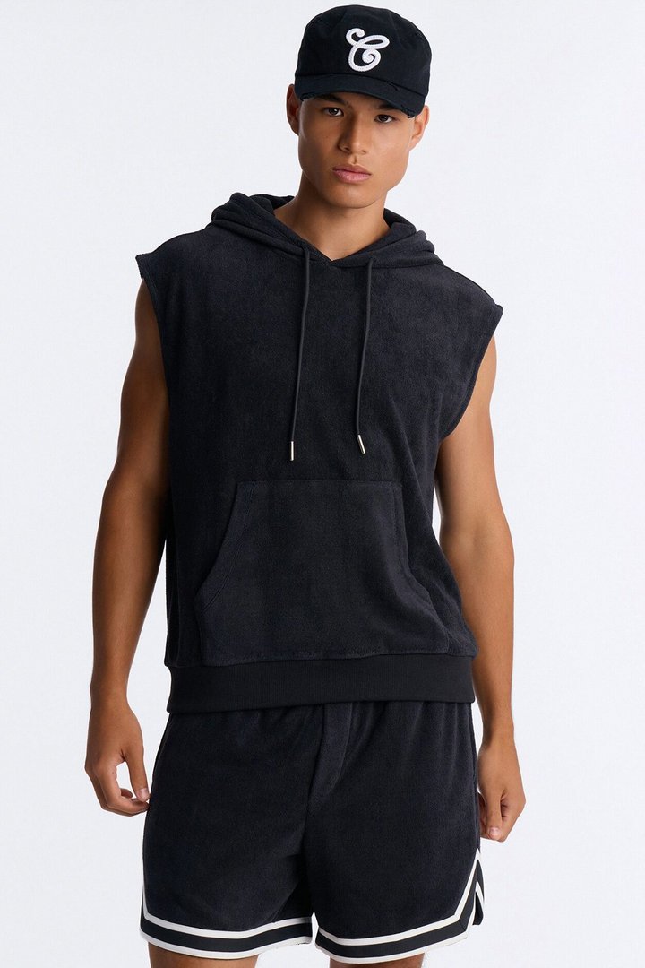 Classic Terry Cloth Sleeveless Hoodie - Black