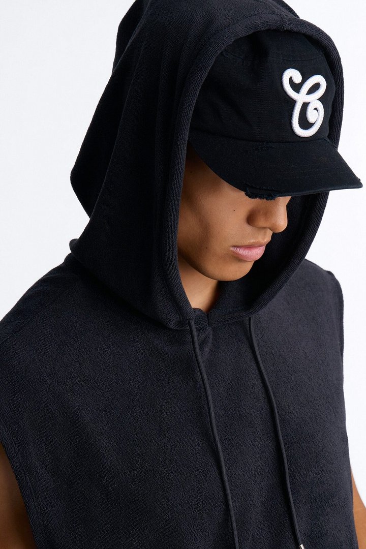 Classic Terry Cloth Sleeveless Hoodie - Black