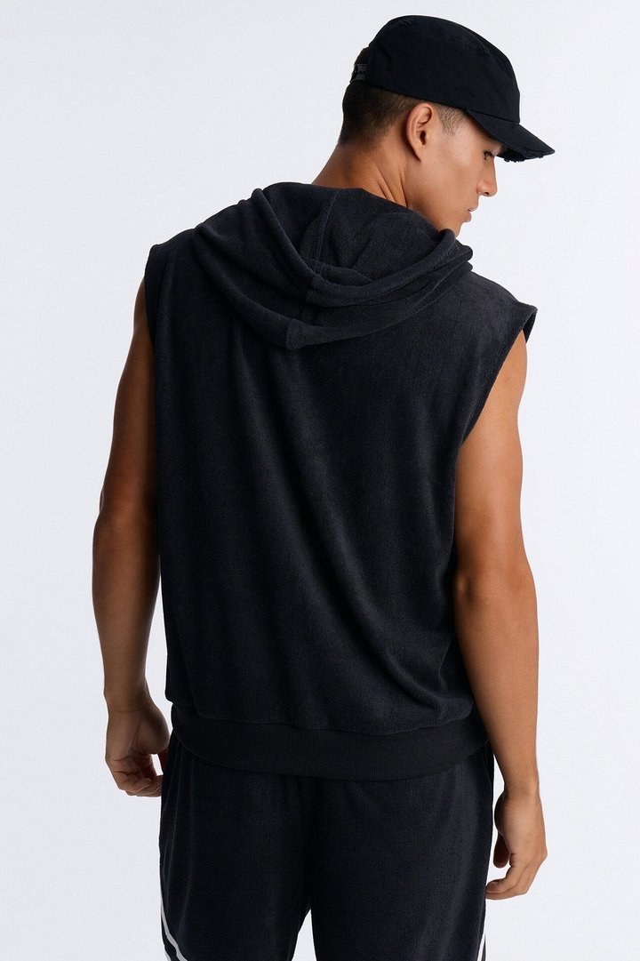 Classic Terry Cloth Sleeveless Hoodie - Black