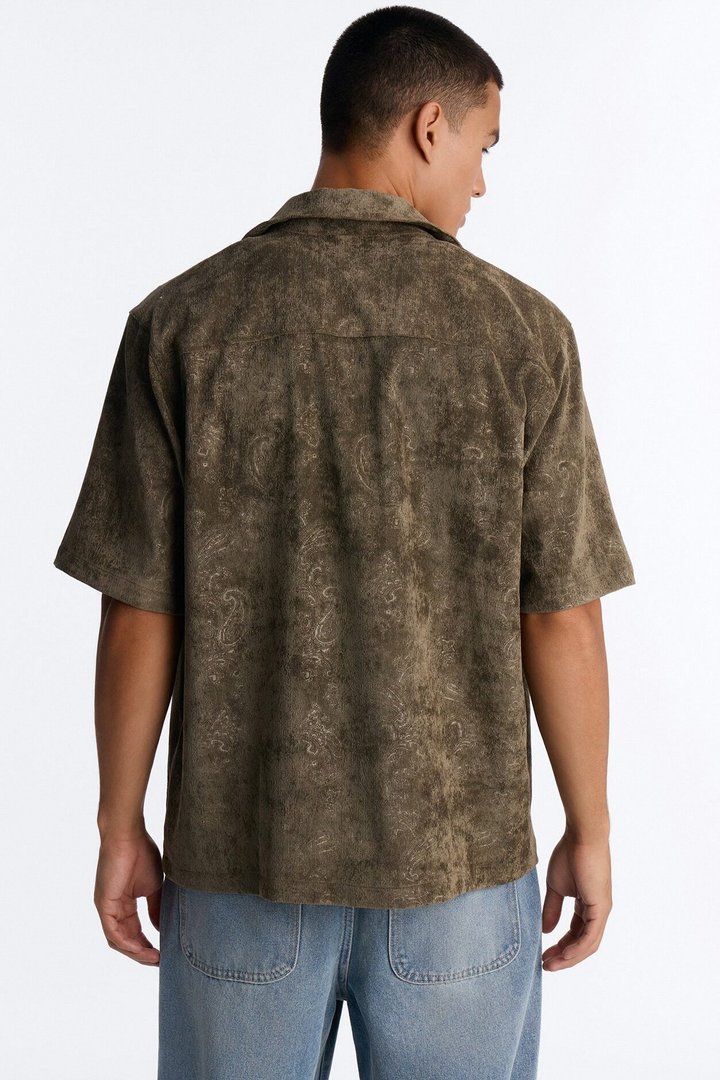 Field of Paisley Cuban Collar Button Up Shirt - Olive