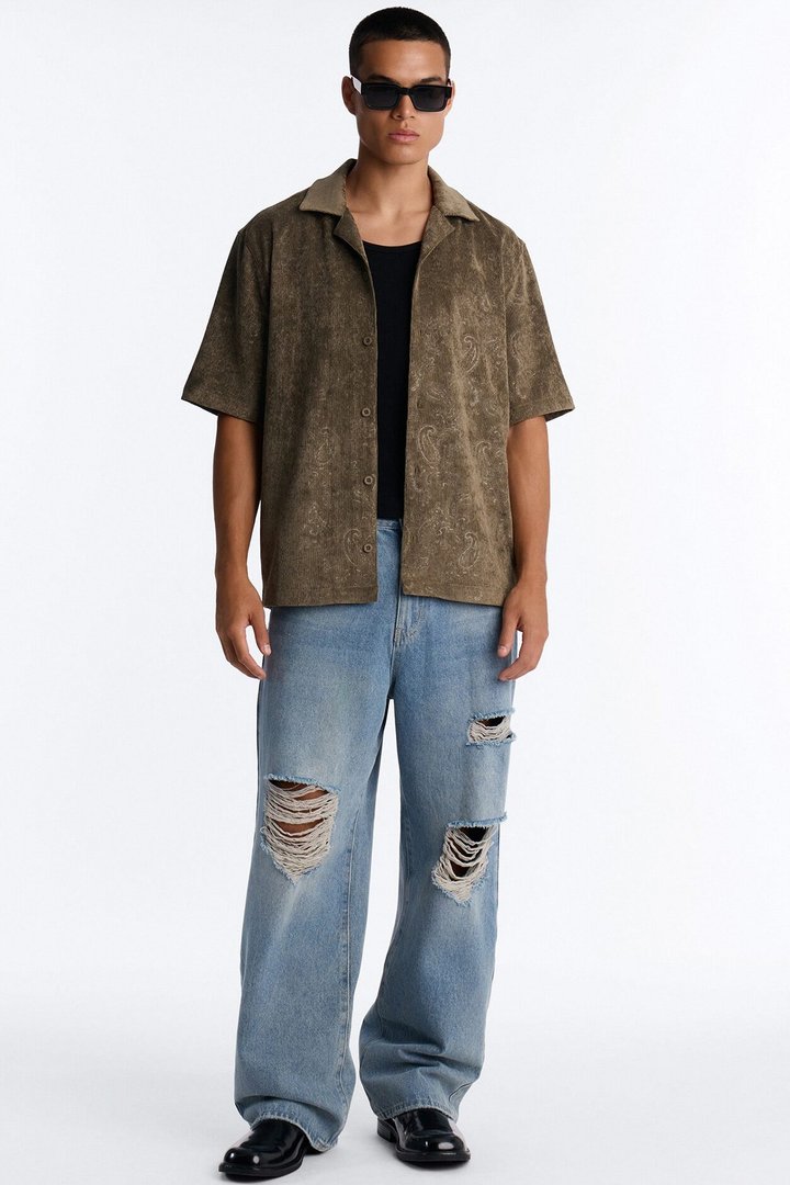 Field of Paisley Cuban Collar Button Up Shirt - Olive