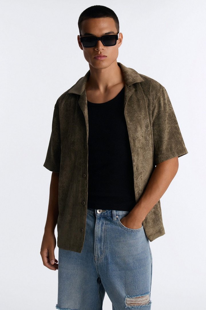 Field of Paisley Cuban Collar Button Up Shirt - Olive