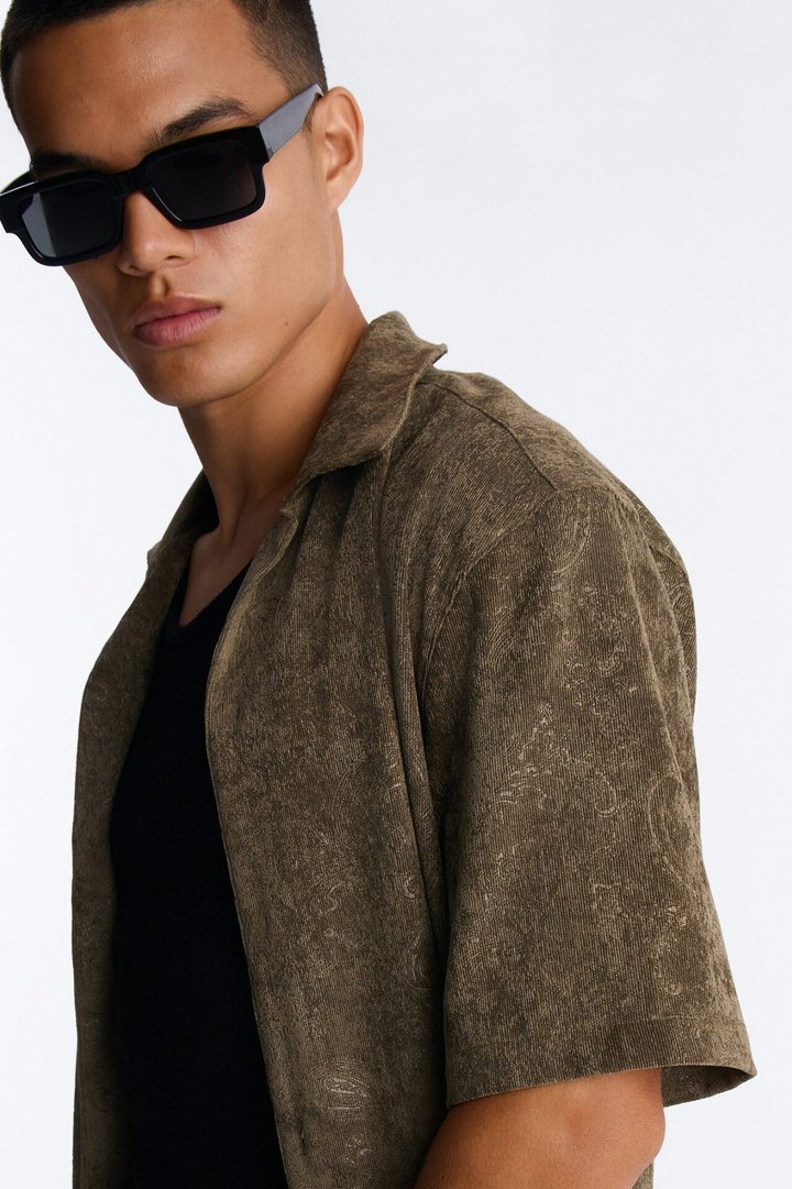 Field of Paisley Cuban Collar Button Up Shirt - Olive