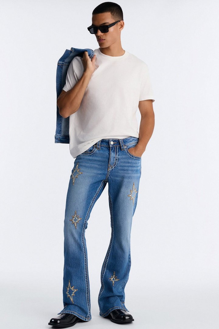 Heavy Stitch Slit Astor Stacked Slim Flare Jean - Medium Blue Wash