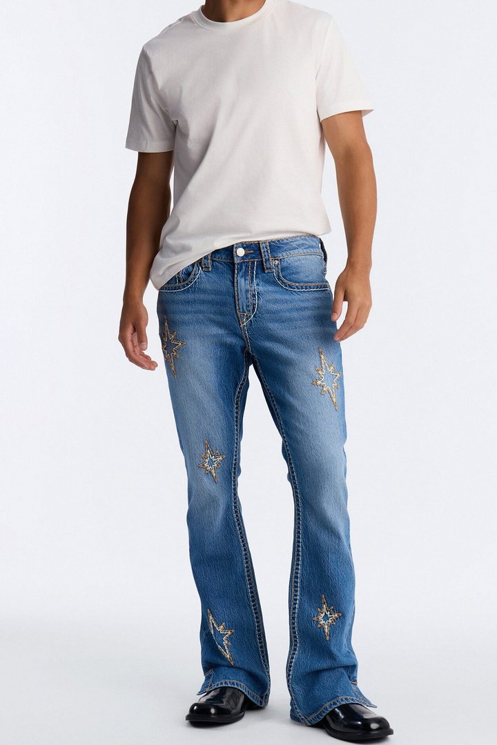 Heavy Stitch Slit Astor Stacked Slim Flare Jean - Medium Blue Wash