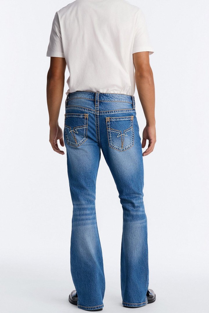 Heavy Stitch Slit Astor Stacked Slim Flare Jean - Medium Blue Wash