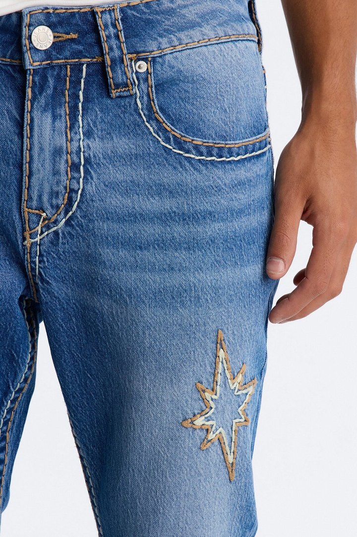 Heavy Stitch Slit Astor Stacked Slim Flare Jean - Medium Blue Wash