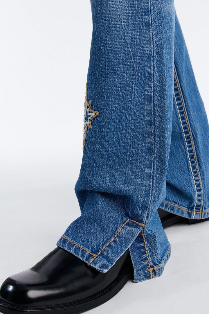 Heavy Stitch Slit Astor Stacked Slim Flare Jean - Medium Blue Wash