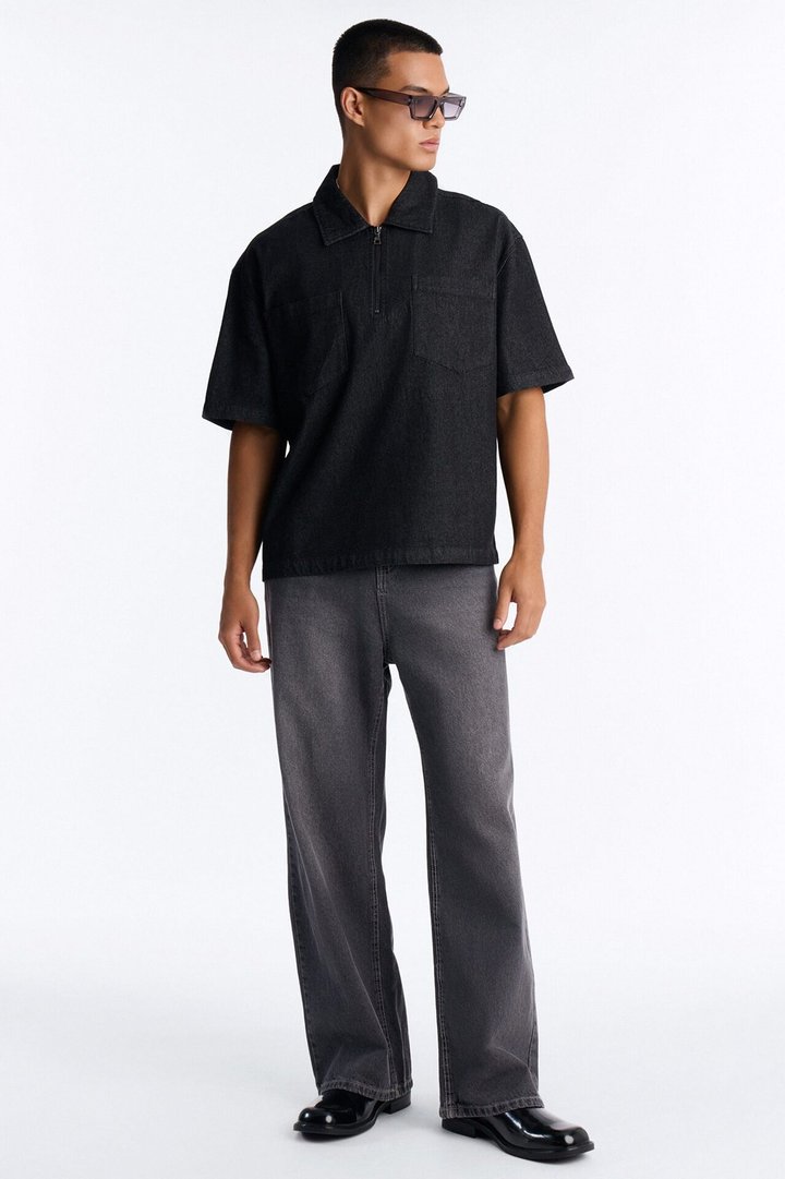 Boxy Marion Denim Quarter Zip Polo - Black