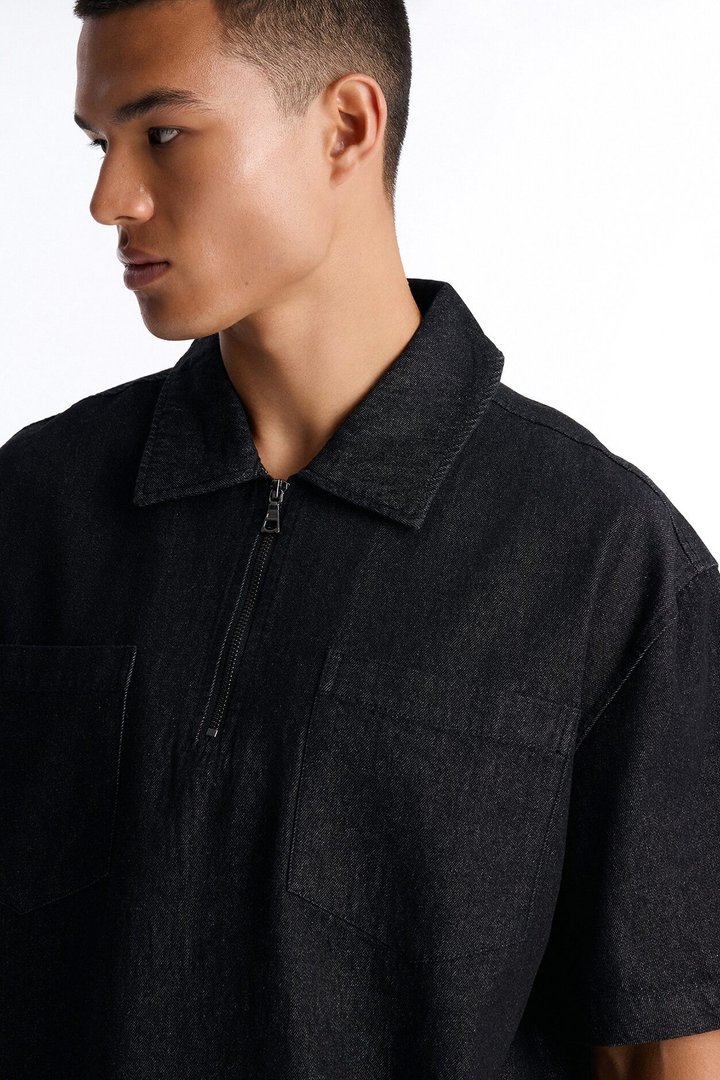Boxy Marion Denim Quarter Zip Polo - Black