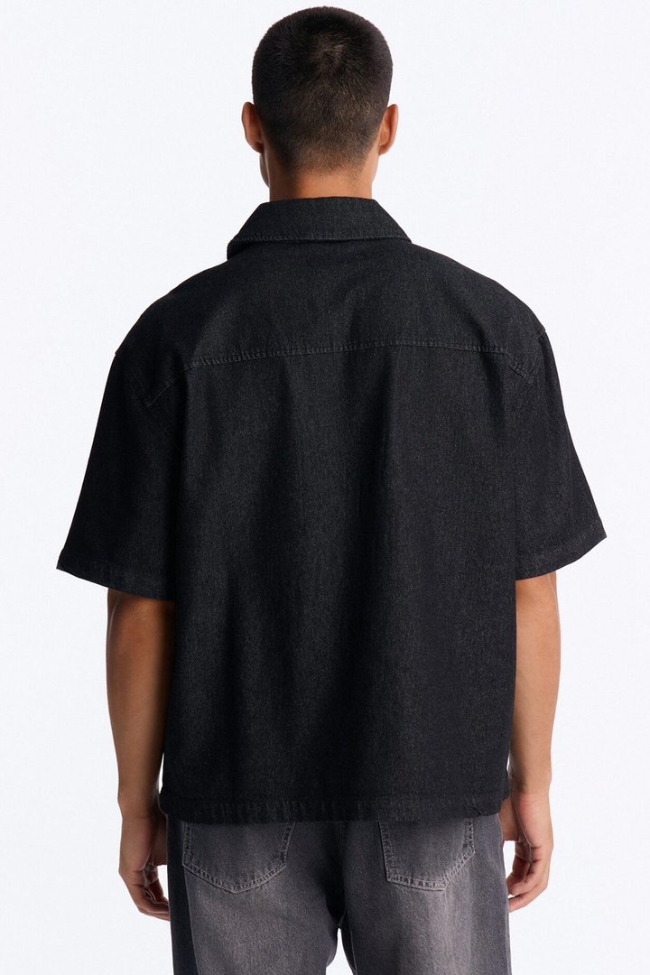 Boxy Marion Denim Quarter Zip Polo - Black