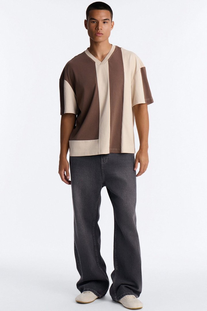 Loose Fit Ribbed Panel Jersey - Brown/combo