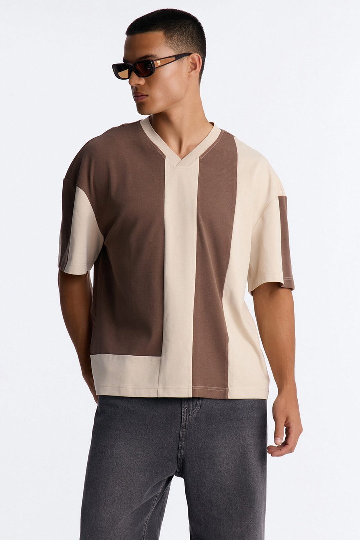 Loose Fit Ribbed Panel Jersey - Brown/combo