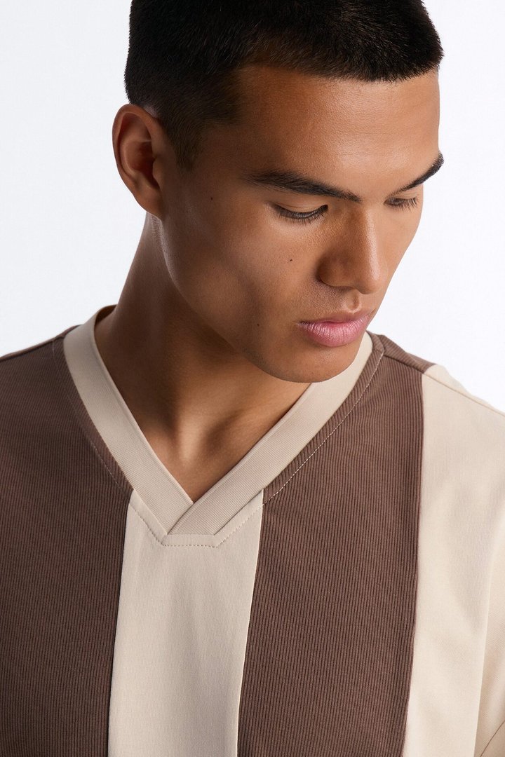 Loose Fit Ribbed Panel Jersey - Brown/combo