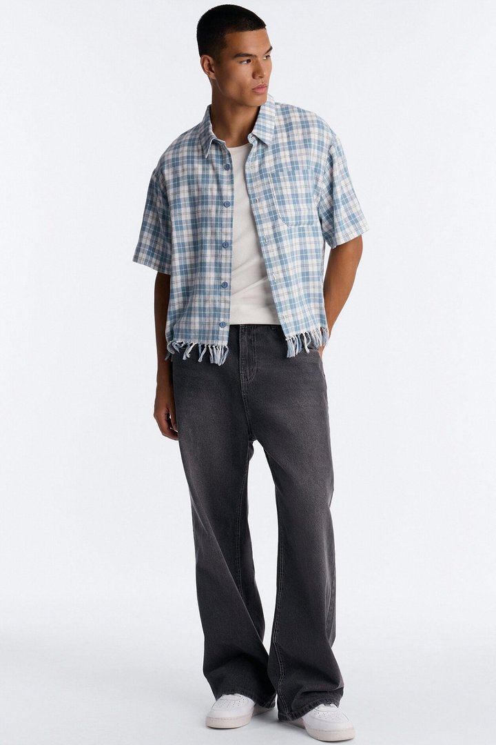 Crossfade Fringe Plaid Button Up Shirt - Blue/combo