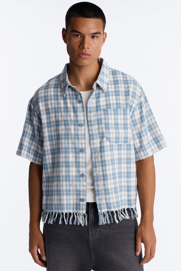 Crossfade Fringe Plaid Button Up Shirt - Blue/combo